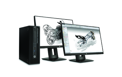 A black HP desktop tower next to two monitors showing 3D technical models of a motorcycle.