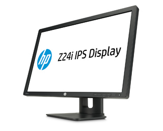 A black HP Z24i IPS Display computer monitor angled to the left against a white background.
