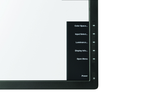 A black monitor screen showing a vertical menu with options like Color Space, Input Select, and Luminance.