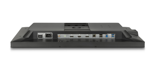 The rear view of a black electronic device showing various input and output ports.