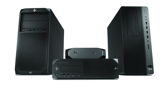 Three black HP Z2 desktop computers in tower and small form factor configurations on a white background.