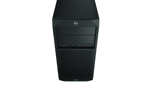 A black HP desktop computer tower standing vertically against a white background.