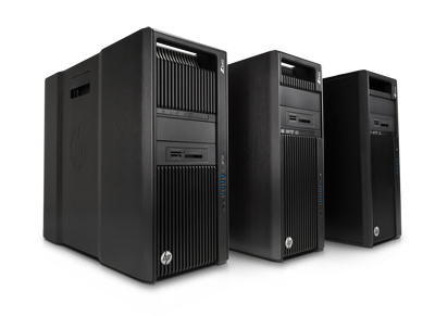 Three black HP desktop computer towers arranged diagonally from largest to smallest.