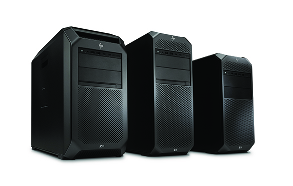 Three black HP desktop computer towers of different heights arranged in a row against a white background.