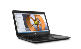 A black laptop on a white background showing a 3D orange mechanical component on its screen.
