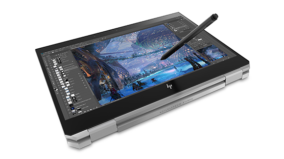 HP mobile workstation with a large touchscreen displaying digital artwork and a stylus hovering above it.