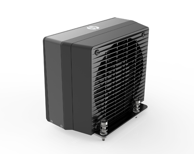 A black rectangular HP cooling unit with a front ventilation grille and silver mounting hardware.