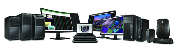 A variety of black desktop computer towers, monitors displaying graphics, and a laptop on a white background.