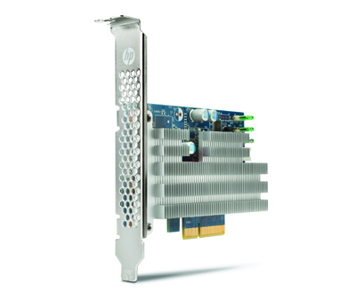 An HP computer expansion card with a silver metal bracket and a large silver finned heatsink.