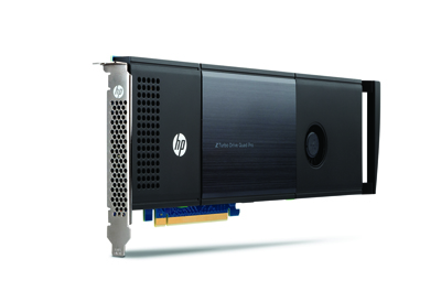 An HP Z Turbo Drive Quad Pro PCIe expansion card with a black casing and silver metal bracket.