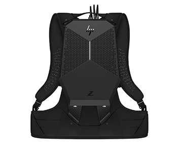 A black ergonomic backpack featuring an HP logo and a large Z emblem on the back panel.