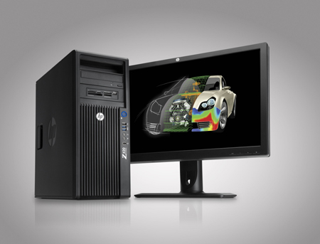 Black HP Z420 computer tower next to a wide monitor showing a technical car schematic.