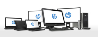 Various HP laptops, desktop monitors, and computer towers arranged against a white background.