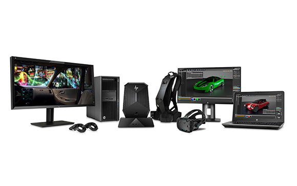 Various computer monitors, a desktop tower, a laptop, and VR headsets and accessories on a white background.