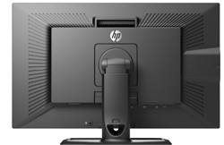 The rear view of a black HP computer monitor showing the stand and ventilation slats.