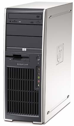 A silver and black HP desktop computer tower standing vertically.