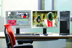 Dual computer monitors, a black tower PC, a keyboard, and a mouse on a desk with an orange and black chair.