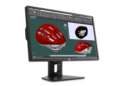 A computer monitor showing a 3D CAD program with a red and white bicycle helmet model.