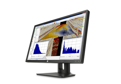 A black computer monitor displaying colorful scientific data, charts, and geological-style maps.