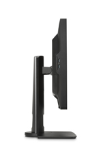 A black computer monitor shown from a side profile on a vertical stand against a white background.