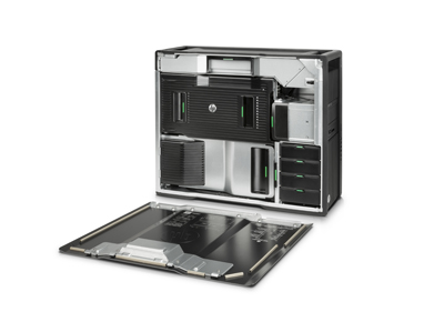 An open black computer tower revealing internal hardware components and a detached side panel.