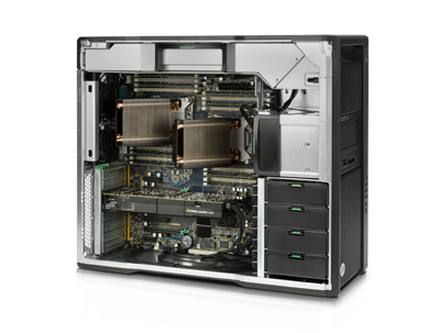 An open desktop computer case revealing a motherboard, two large heatsinks, and various expansion cards.
