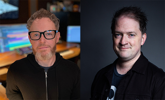 Two headshots of men, one with glasses and a beard, the other with short dark hair, against dark backgrounds.