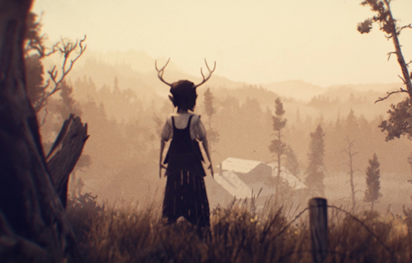 A silhouette of a small figure with antlers stands in a grassy field facing a misty, forested valley.