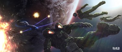 Armored figures float in space near a large planet and a blue spacecraft emitting light beams.