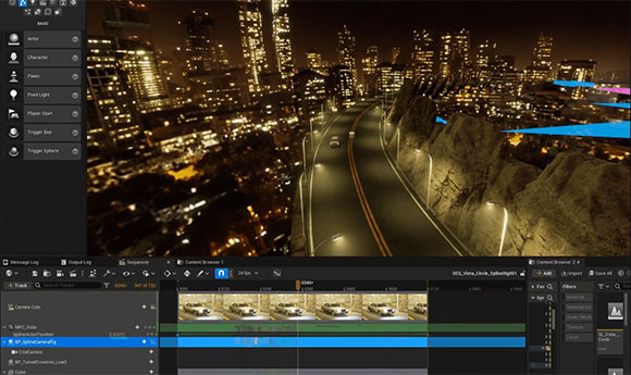 3D rendering of a nighttime cityscape with a road and cars, viewed from above, with editing tools visible below.