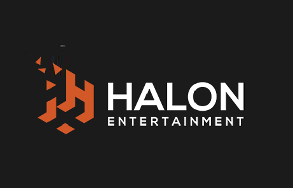 Orange geometric icon next to the white text HALON ENTERTAINMENT on a black background.