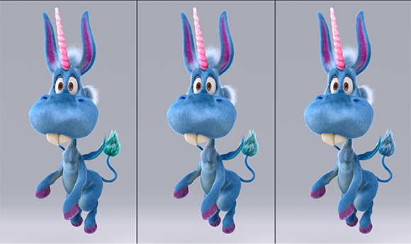 Three identical blue animated donkey-like creatures with pink horns and large teeth against a gray background.