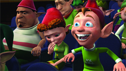 Animated elves with pointed ears and colorful hats sitting in blue theater seats.