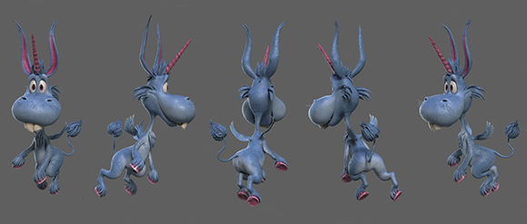 Five different angles of a blue, long-eared cartoon creature with pink horns and large teeth.