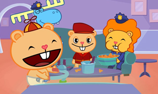 Three cartoon animals sit around a table with bowls of snacks in a purple room.