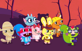 A group of diverse, brightly colored cartoon animals wearing costumes against a dark silhouette background.