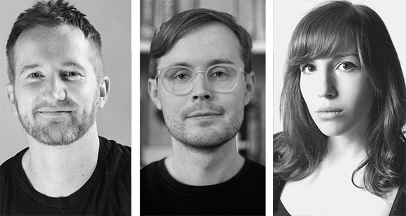 Three black and white portrait headshots of a man with short hair, a man with glasses, and a woman with bangs.