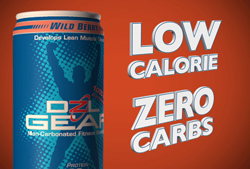 A blue beverage can with a silhouette of a person next to large white text reading LOW CALORIE ZERO CARBS.