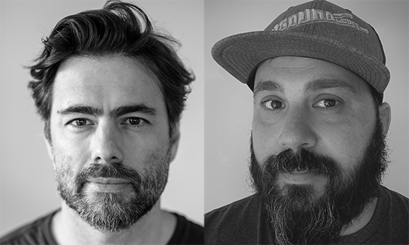 Split black and white portrait of a clean-shaven man on the left and a bearded man in a baseball cap on the right.