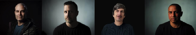 Four separate portrait shots of men against dark or grey backgrounds.