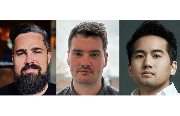 Three headshots of men with different hair and facial hair styles against varying backgrounds.