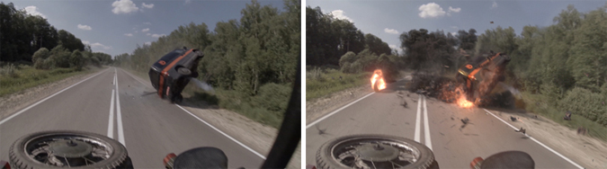 A black car flips and crashes on a two-lane highway, with fire and debris in the second frame.