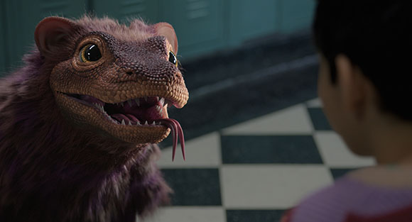 A small, purple, furry reptilian creature with large eyes looks at a person in a hallway.