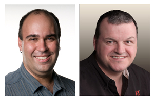 Two portraits of smiling men, one in a blue striped shirt and one in a black shirt.