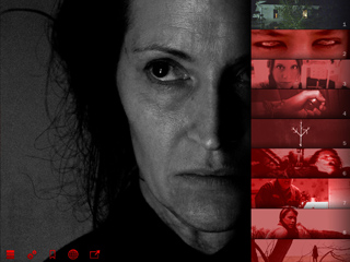 Black and white close-up of a woman's face next to a column of small, red-toned cinematic frames.