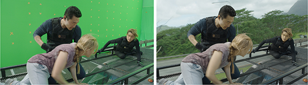 Split screen showing actors on a set with a green screen versus the final composite with a forest background.