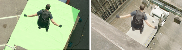 A man in a backpack stands on a green screen, compared to him standing on a building edge.