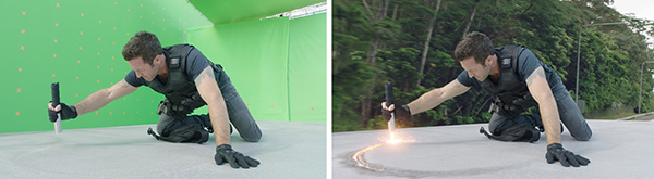 Split screen showing a man in tactical gear on a green screen and the same shot with a forest background.