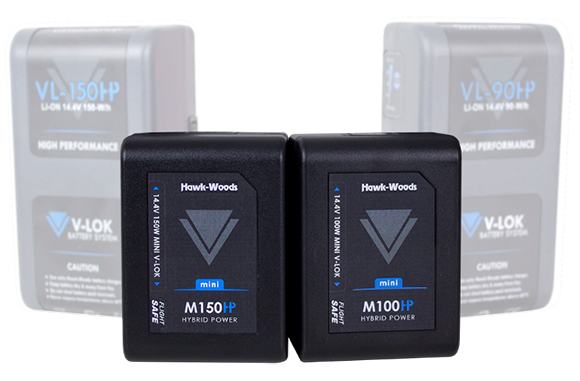 Four black and silver Hawk-Woods mini V-LOK hybrid power battery packs.