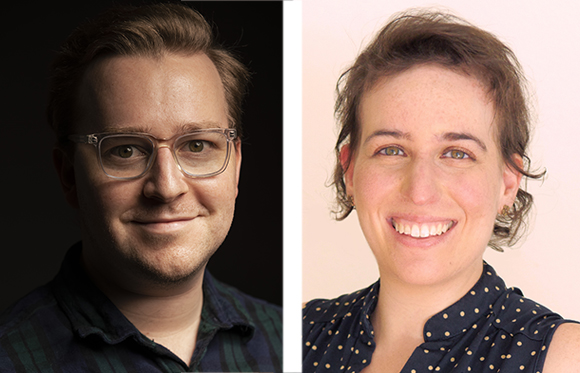 Split portrait of a man with glasses on a dark background and a woman smiling on a light pink background.